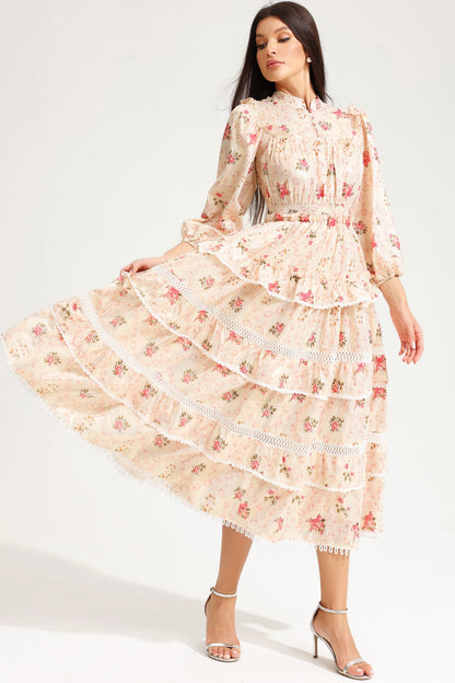 Floral Lantern Sleeve Buckle Midi Dress Yellow