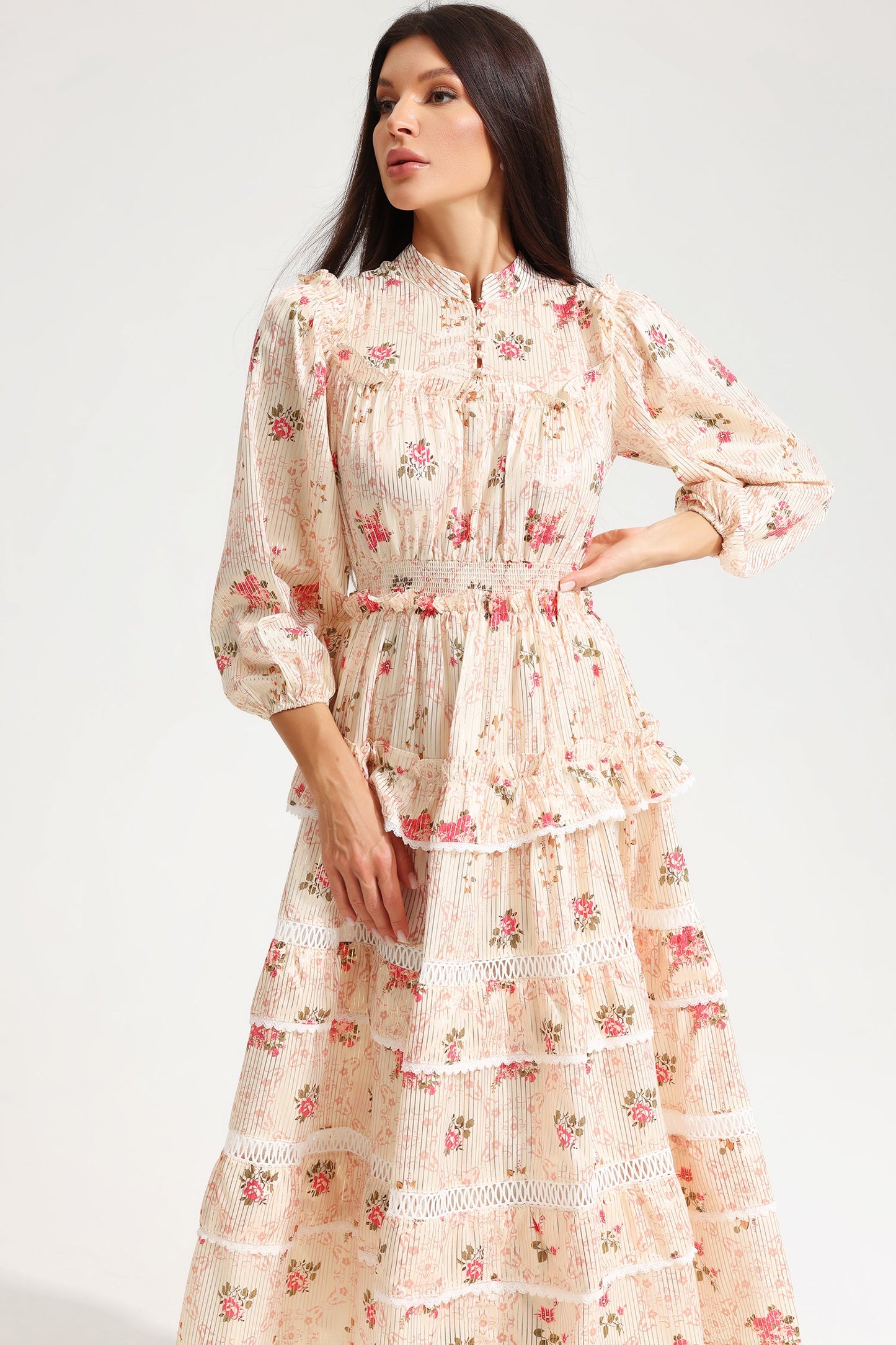 Floral Lantern Sleeve Buckle Midi Dress Yellow