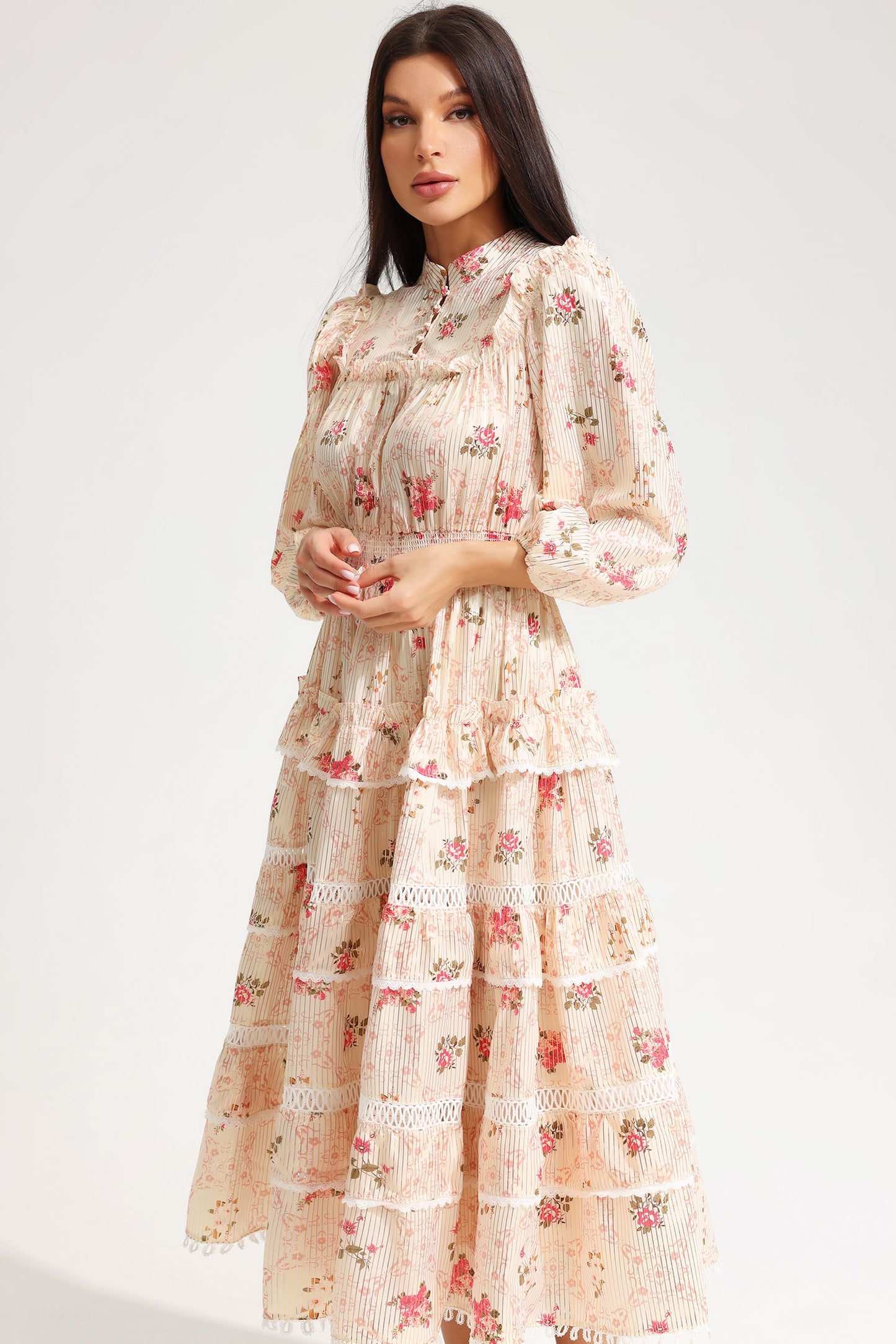 Floral Lantern Sleeve Buckle Midi Dress Yellow