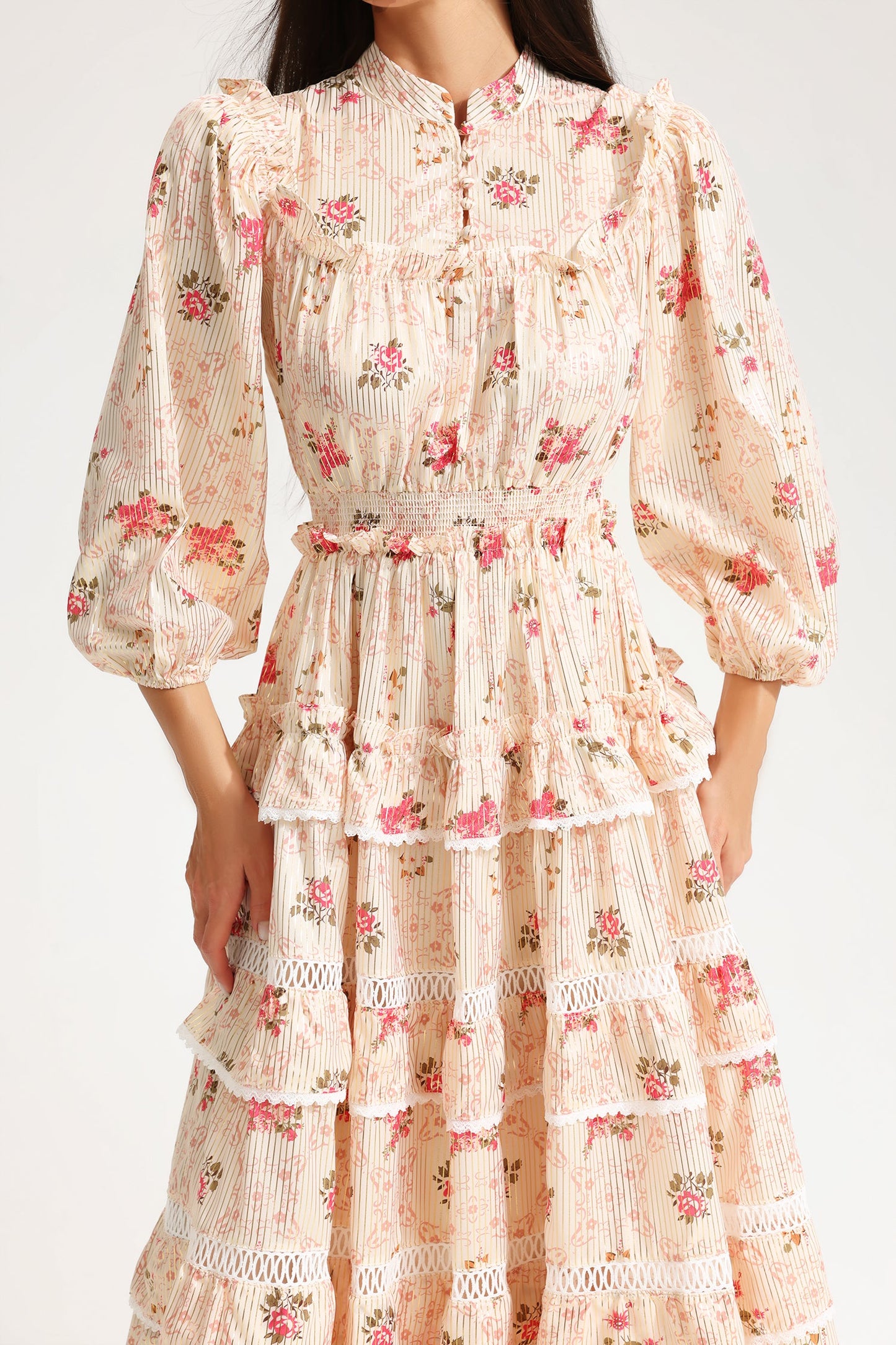 Floral Lantern Sleeve Buckle Midi Dress Yellow