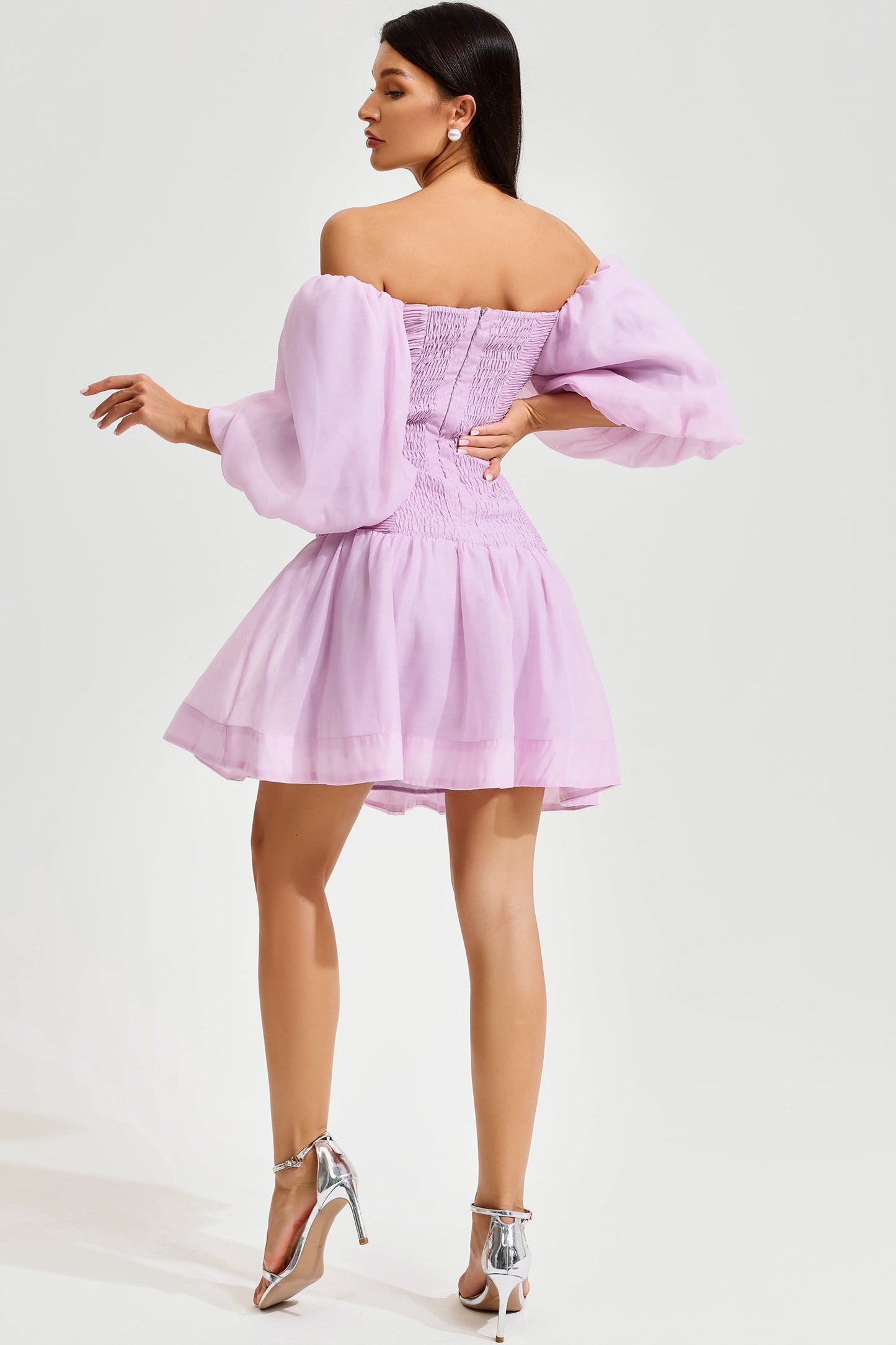 Puff Sleeve Bustier Backless Ruched Mini Dress