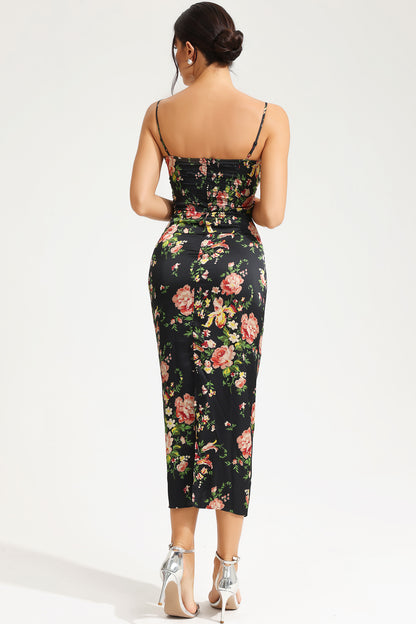 Floral Lace Up Slit Cami Midi Dress