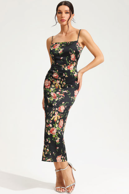 Floral Lace Up Slit Cami Midi Dress
