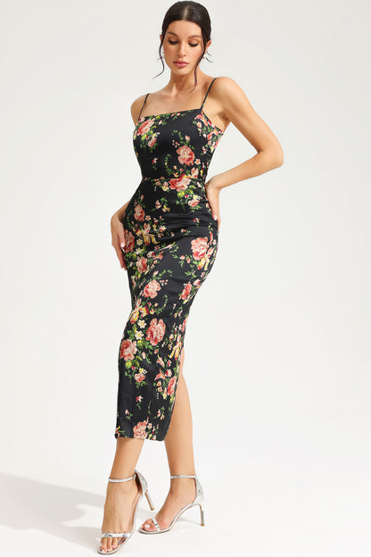 Floral Lace Up Slit Cami Midi Dress