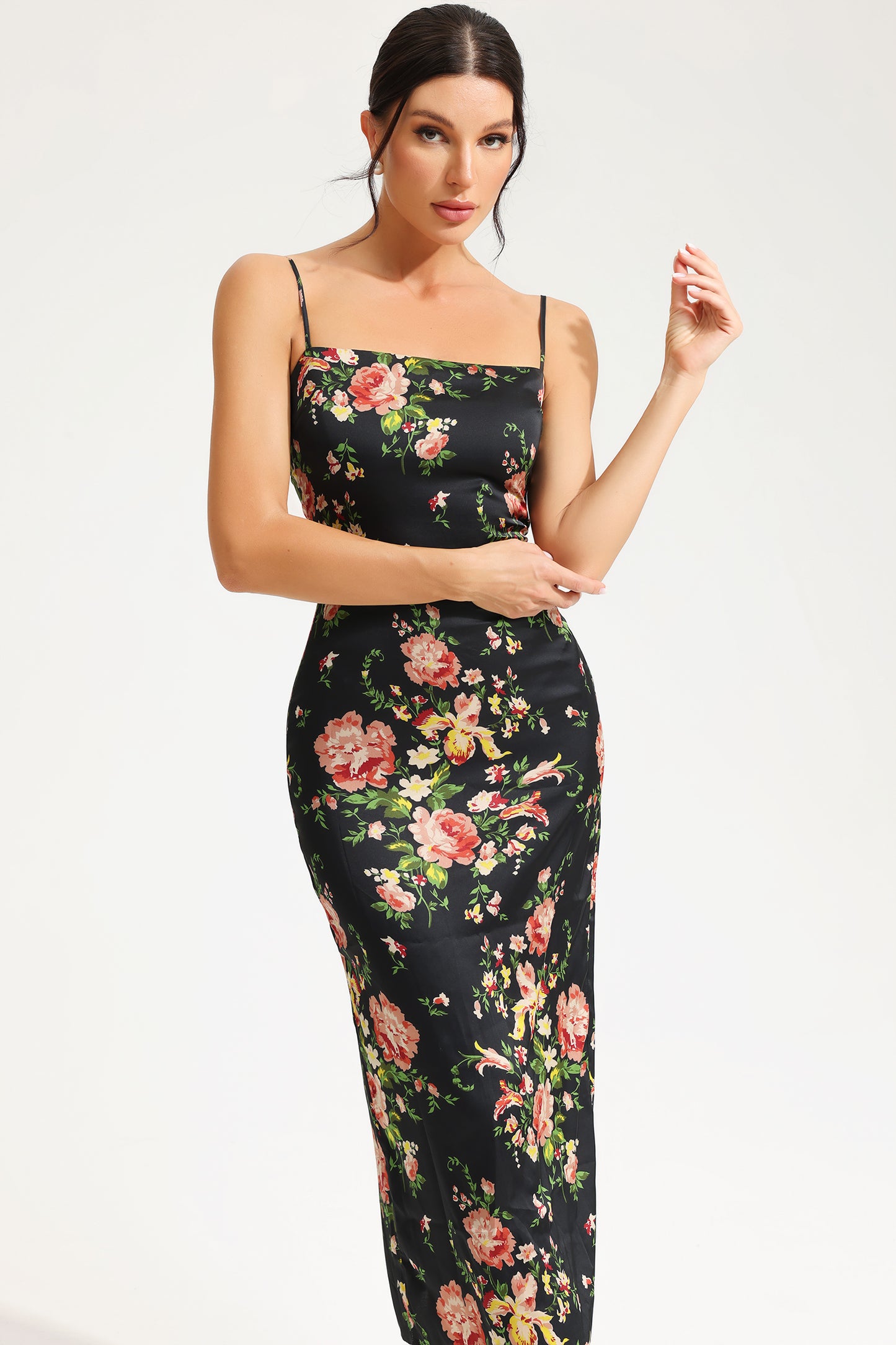 Floral Lace Up Slit Cami Midi Dress