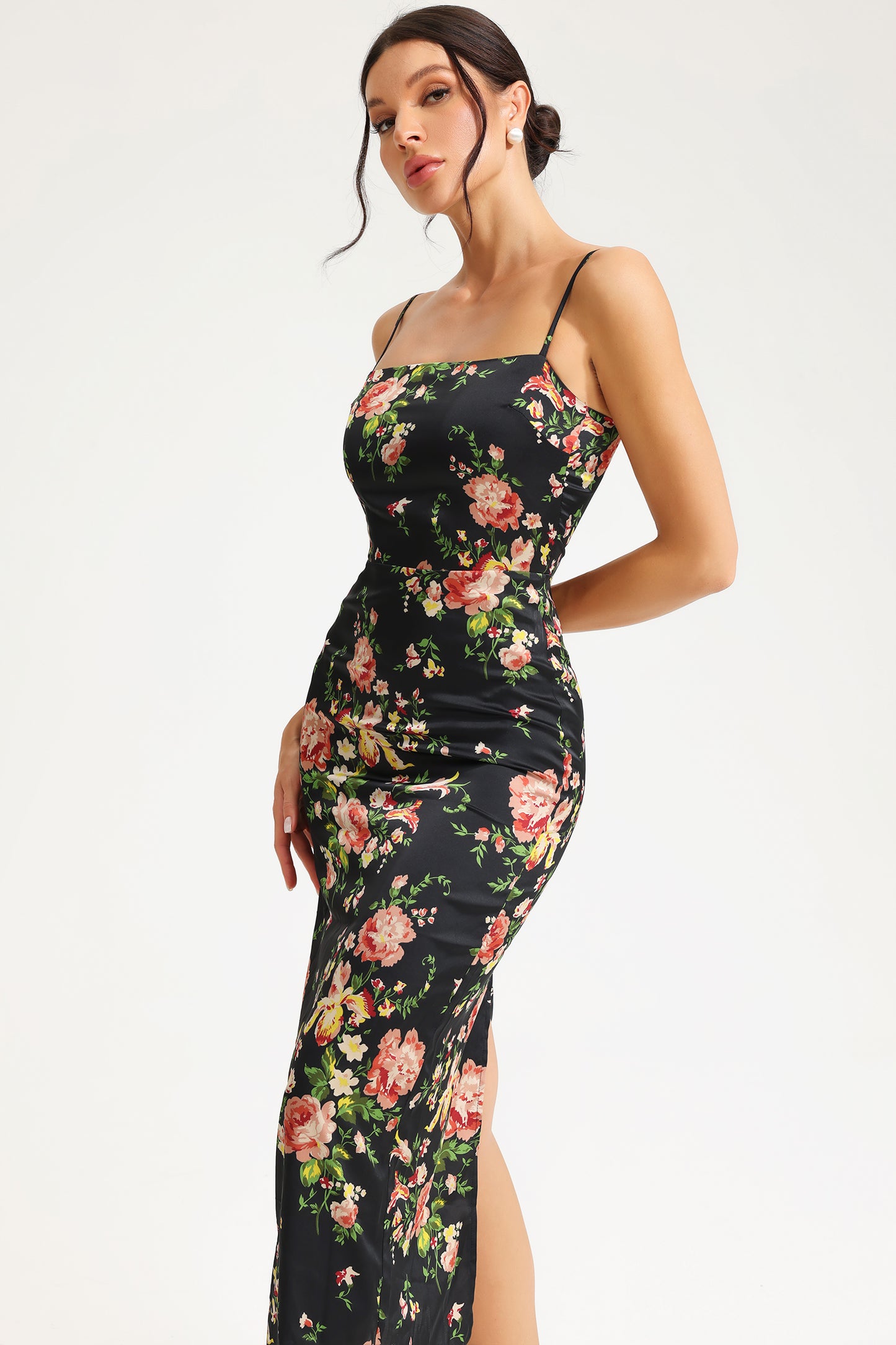 Floral Lace Up Slit Cami Midi Dress