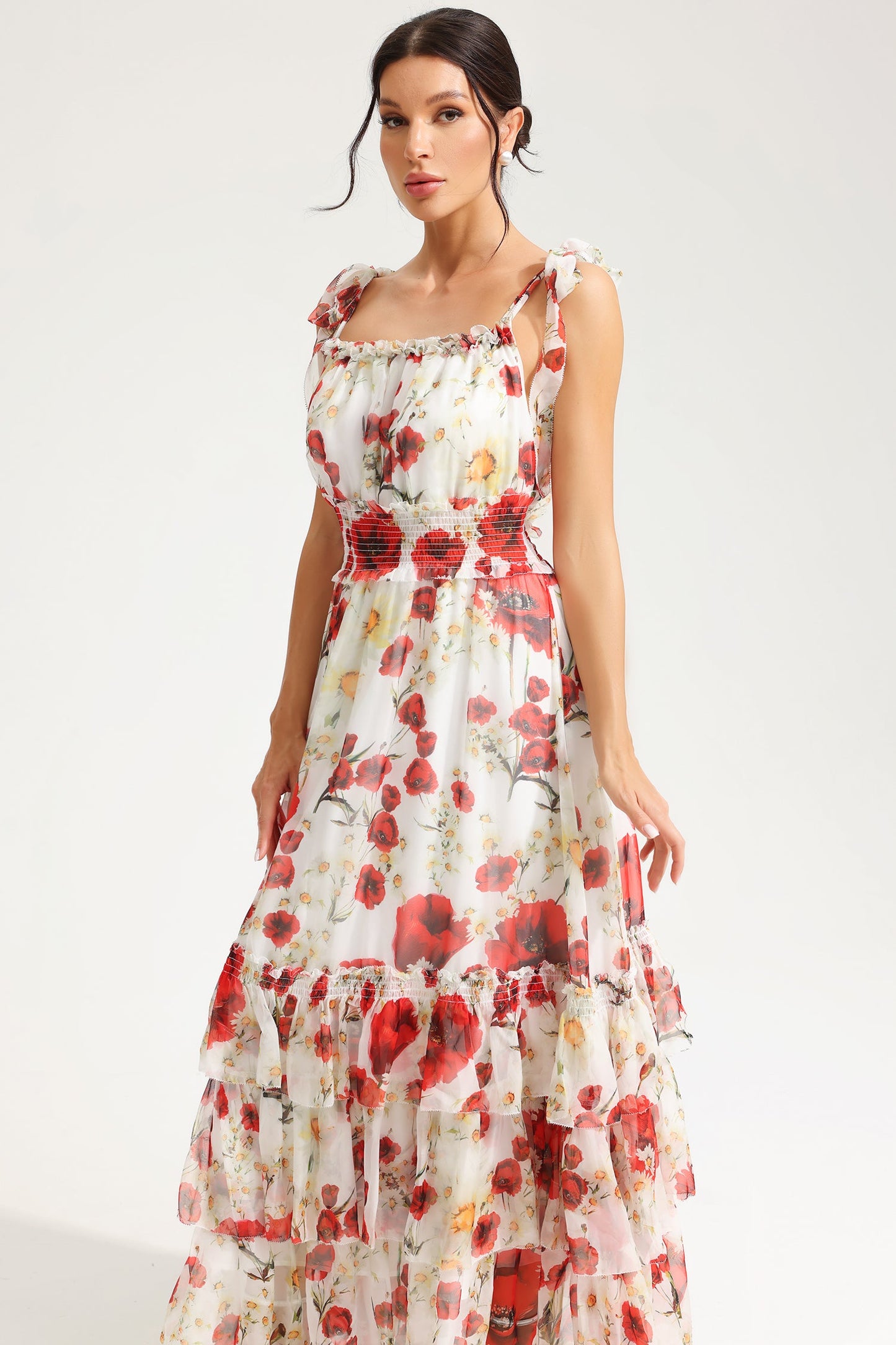 Floral Cami Square Collar Smocked Elastic Midi Dress