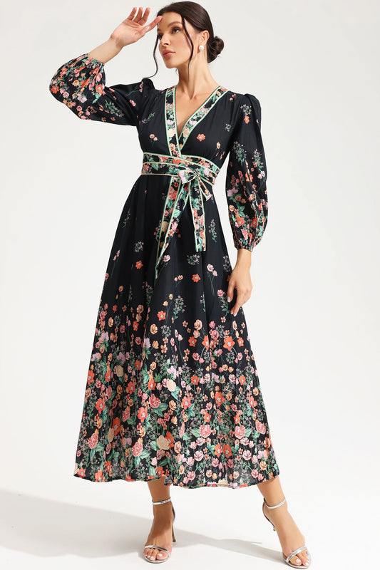 Floral Long Sleeve V-Neck Lace Up Midi Dress Black