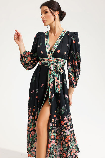 Floral Long Sleeve V-Neck Lace Up Midi Dress Black