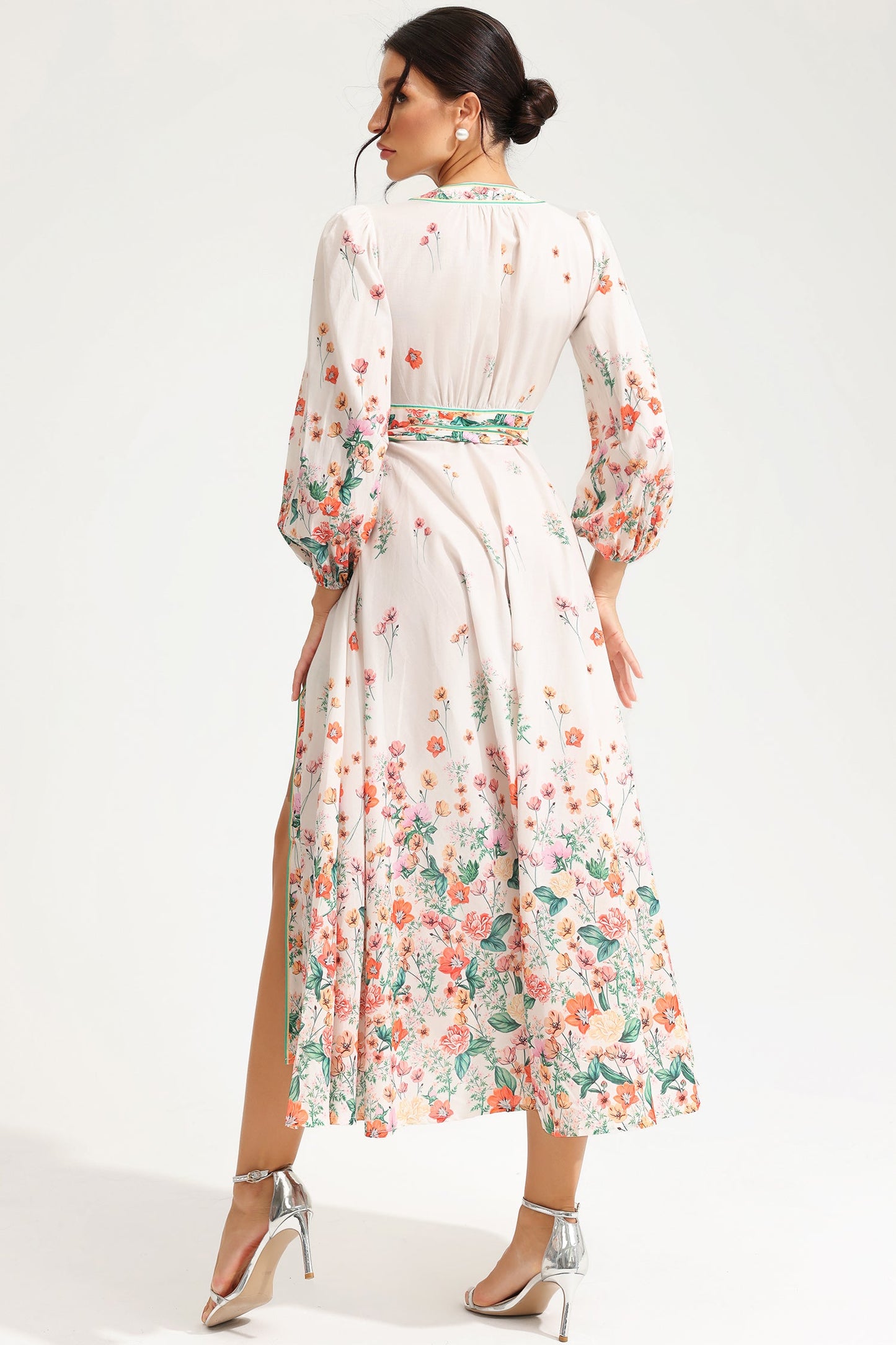 Floral Long Sleeve V-Neck Lace Up Midi Dress