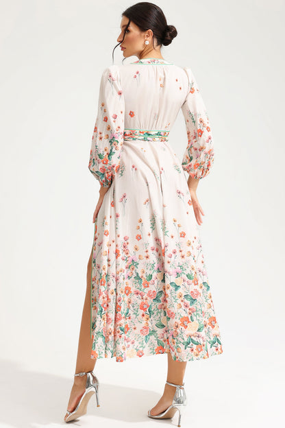 Floral Long Sleeve V-Neck Lace Up Midi Dress