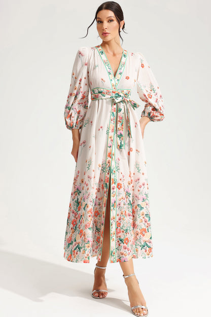 Floral Long Sleeve V-Neck Lace Up Midi Dress