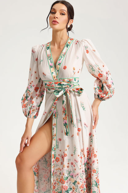 Floral Long Sleeve V-Neck Lace Up Midi Dress