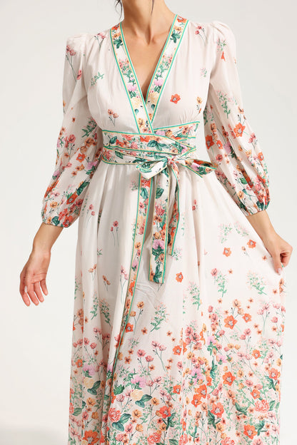 Floral Long Sleeve V-Neck Lace Up Midi Dress