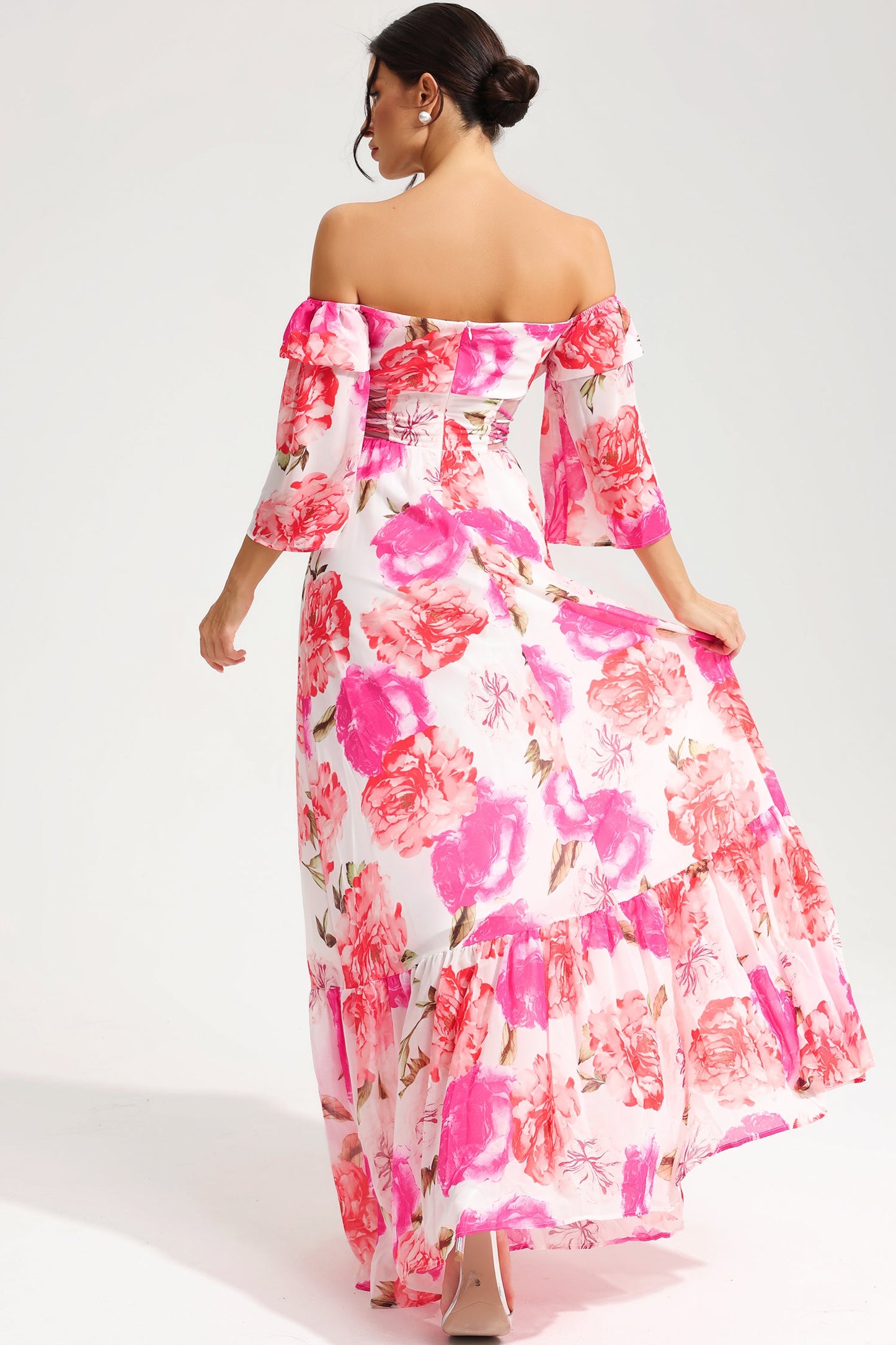Floral Off-Shoulder Cut-Out Lace Up Maxi Dress