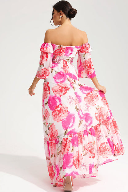 Floral Off-Shoulder Cut-Out Lace Up Maxi Dress