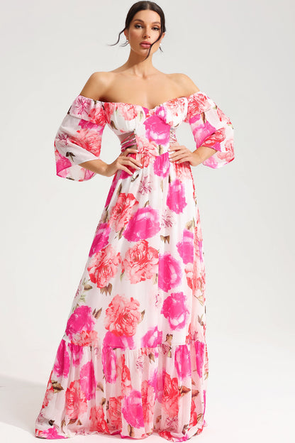 Floral Off-Shoulder Cut-Out Lace Up Maxi Dress