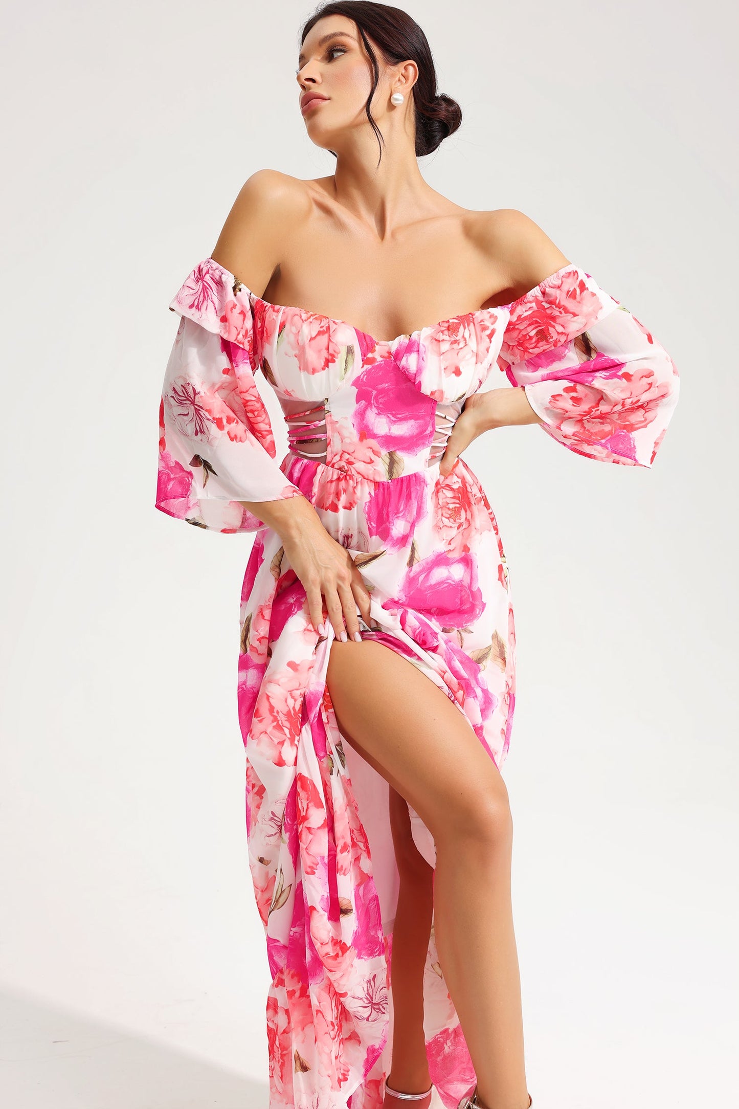 Floral Off-Shoulder Cut-Out Lace Up Maxi Dress