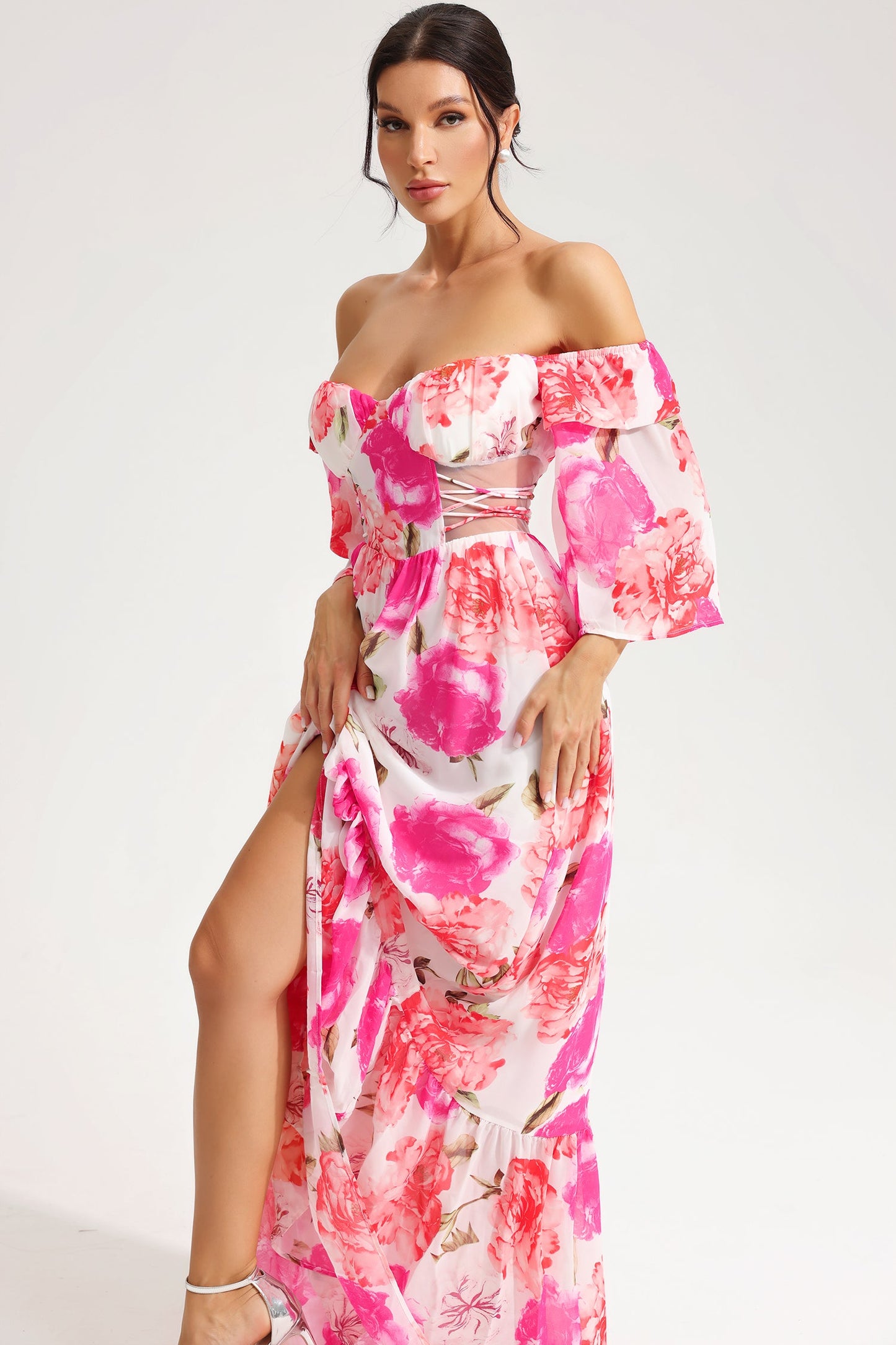 Floral Off-Shoulder Cut-Out Lace Up Maxi Dress