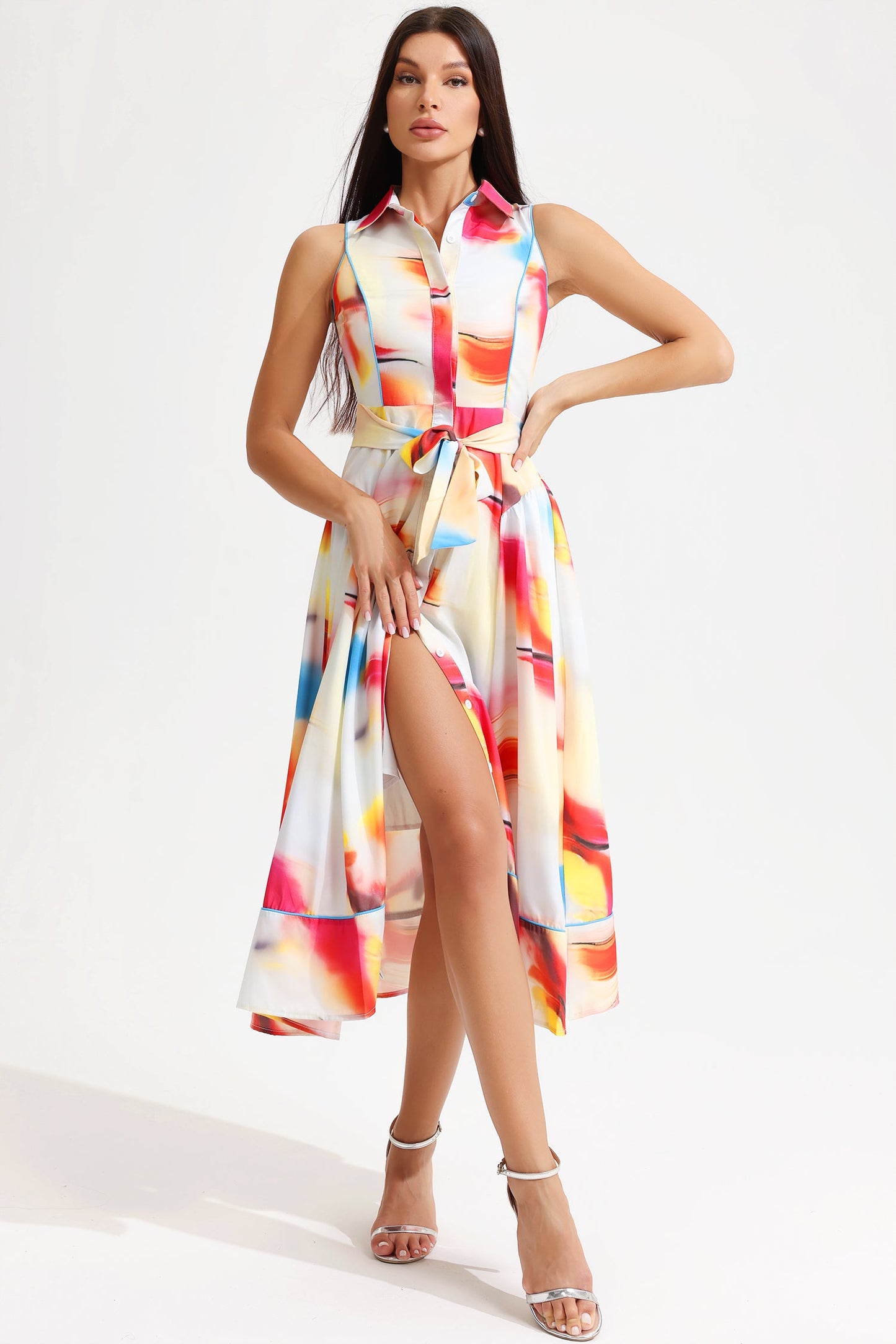 Abstract Print Sleeveless Lapel Lace Up Midi Dress