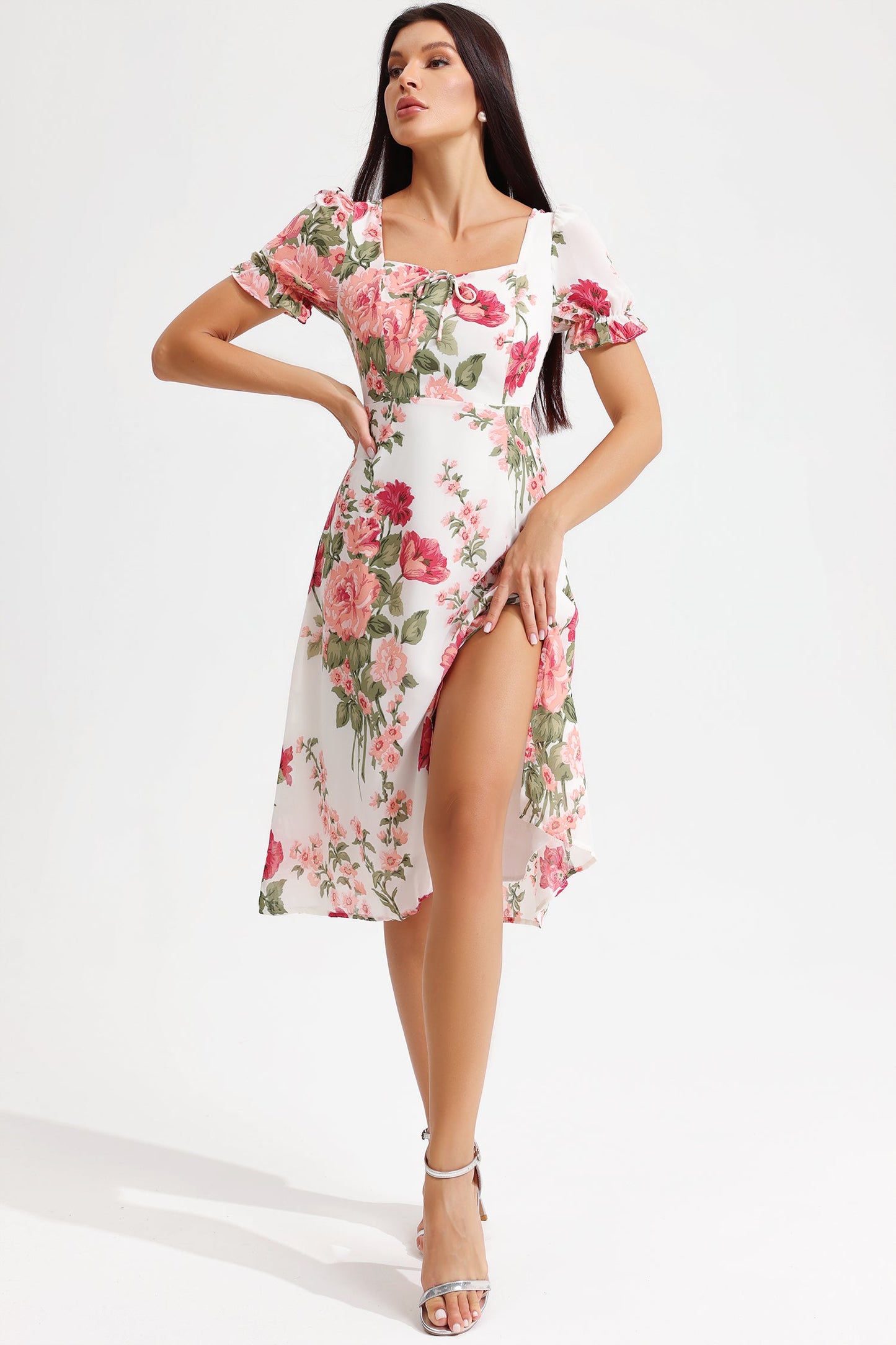 Floral Puff Sleeve Square Collar Slit Midi Dress