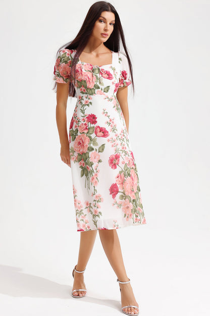 Floral Puff Sleeve Square Collar Slit Midi Dress