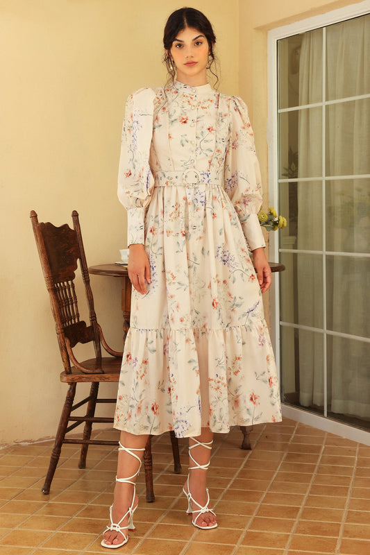 Floral Long Sleeve Crew Collar Belted Midi Dress