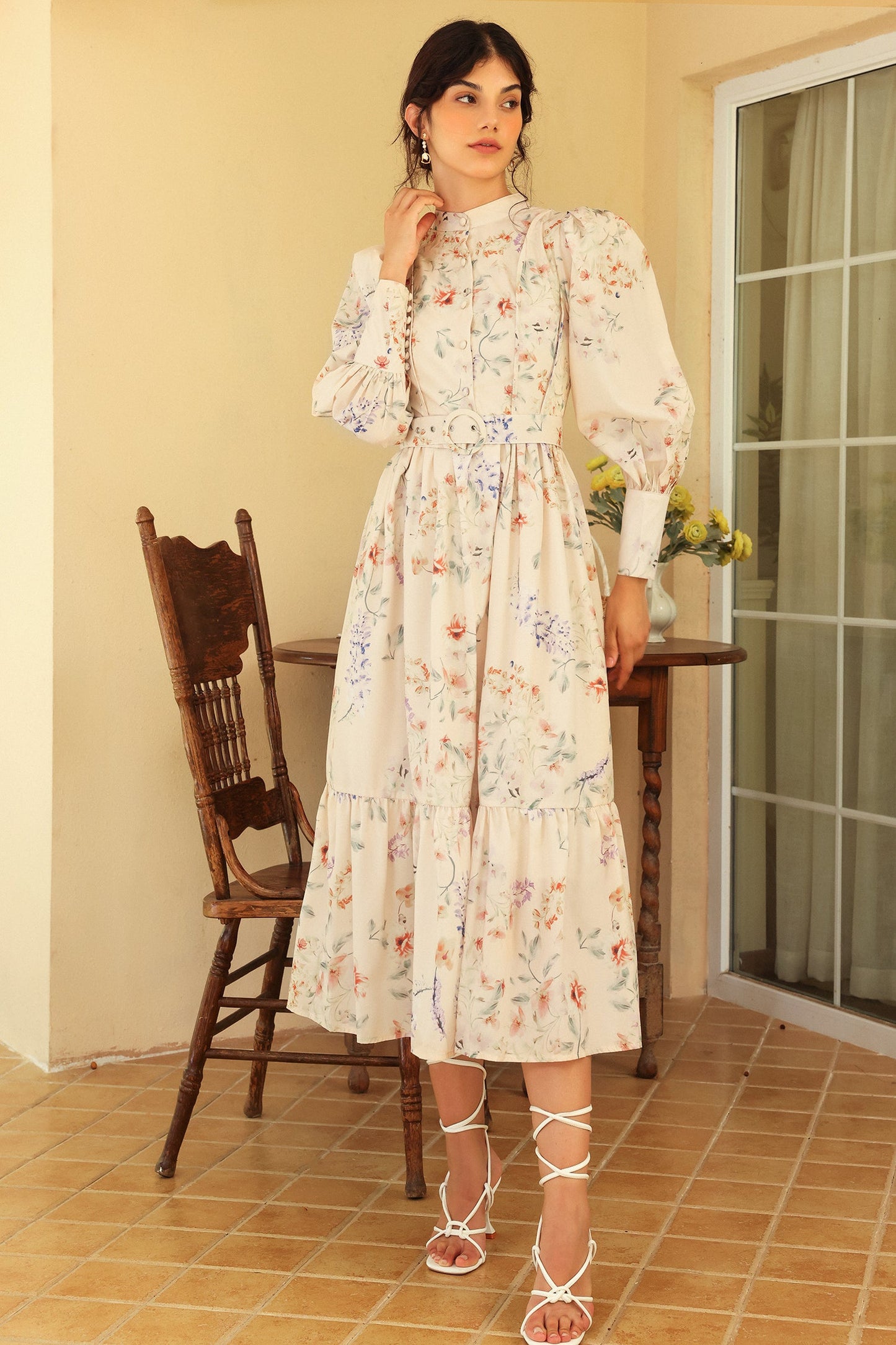 Floral Long Sleeve Crew Collar Belted Midi Dress