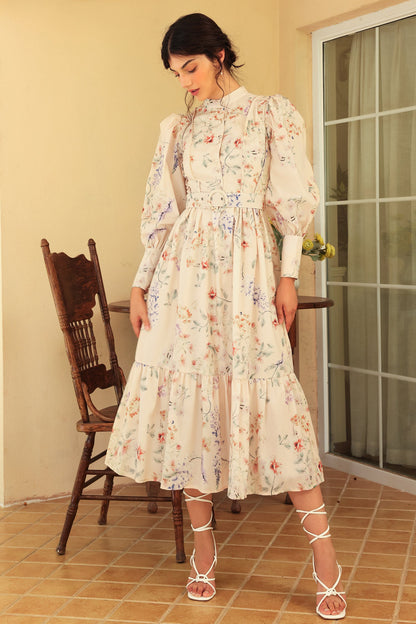 Floral Long Sleeve Crew Collar Belted Midi Dress