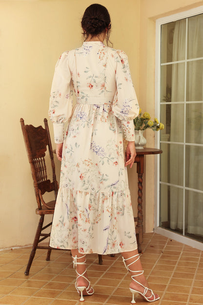 Floral Long Sleeve Crew Collar Belted Midi Dress