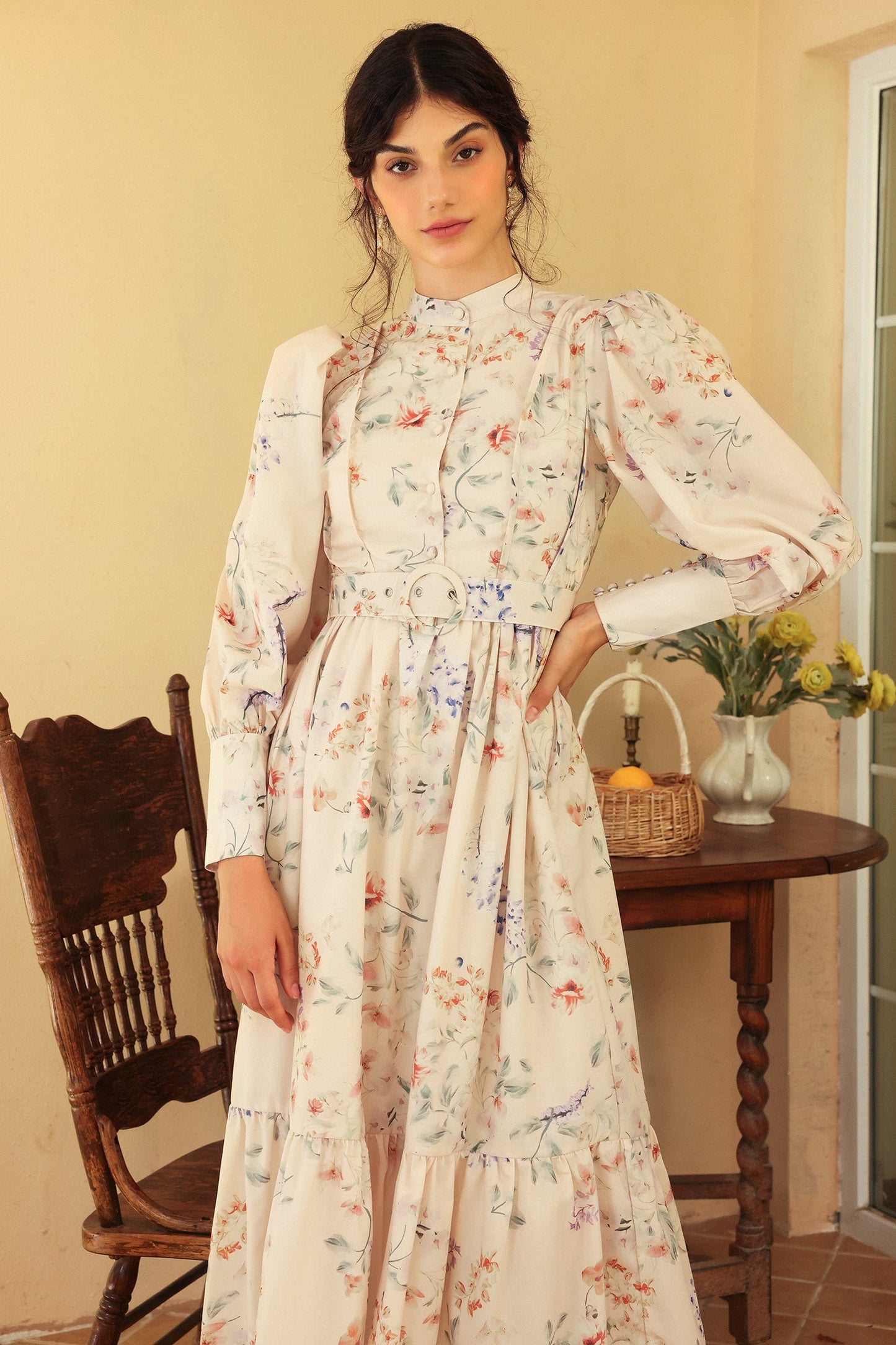 Floral Long Sleeve Crew Collar Belted Midi Dress