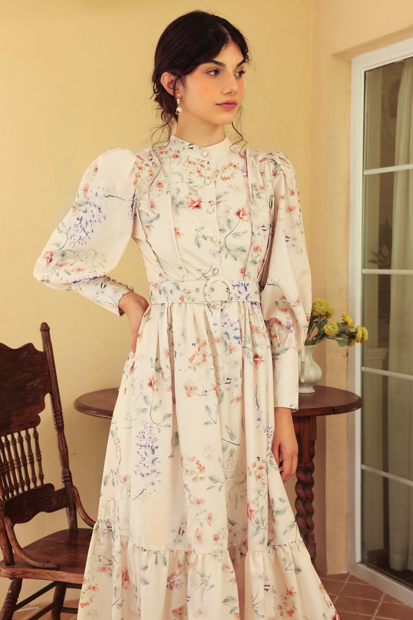 Floral Long Sleeve Crew Collar Belted Midi Dress