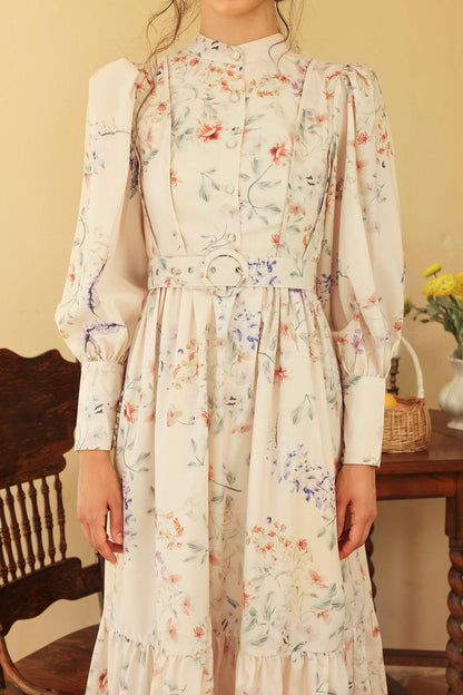 Floral Long Sleeve Crew Collar Belted Midi Dress