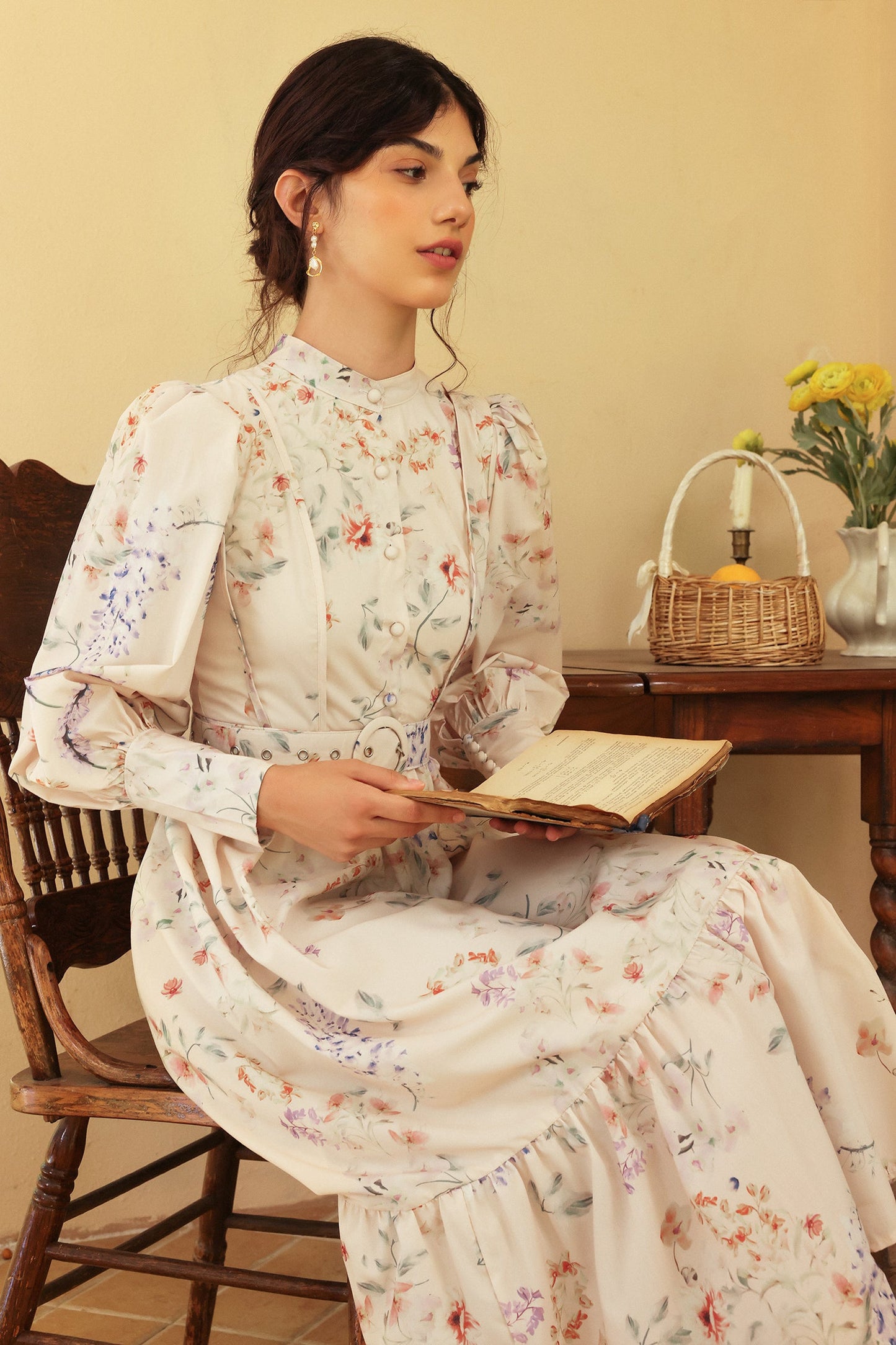 Floral Long Sleeve Crew Collar Belted Midi Dress