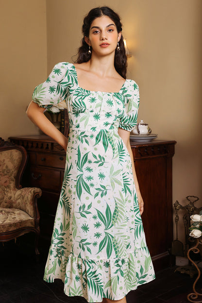Botanical Print Puff Sleeve Square Collar Midi Dress