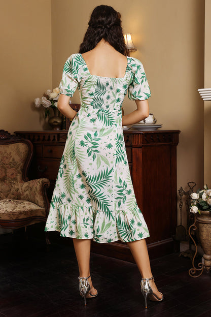 Botanical Print Puff Sleeve Square Collar Midi Dress