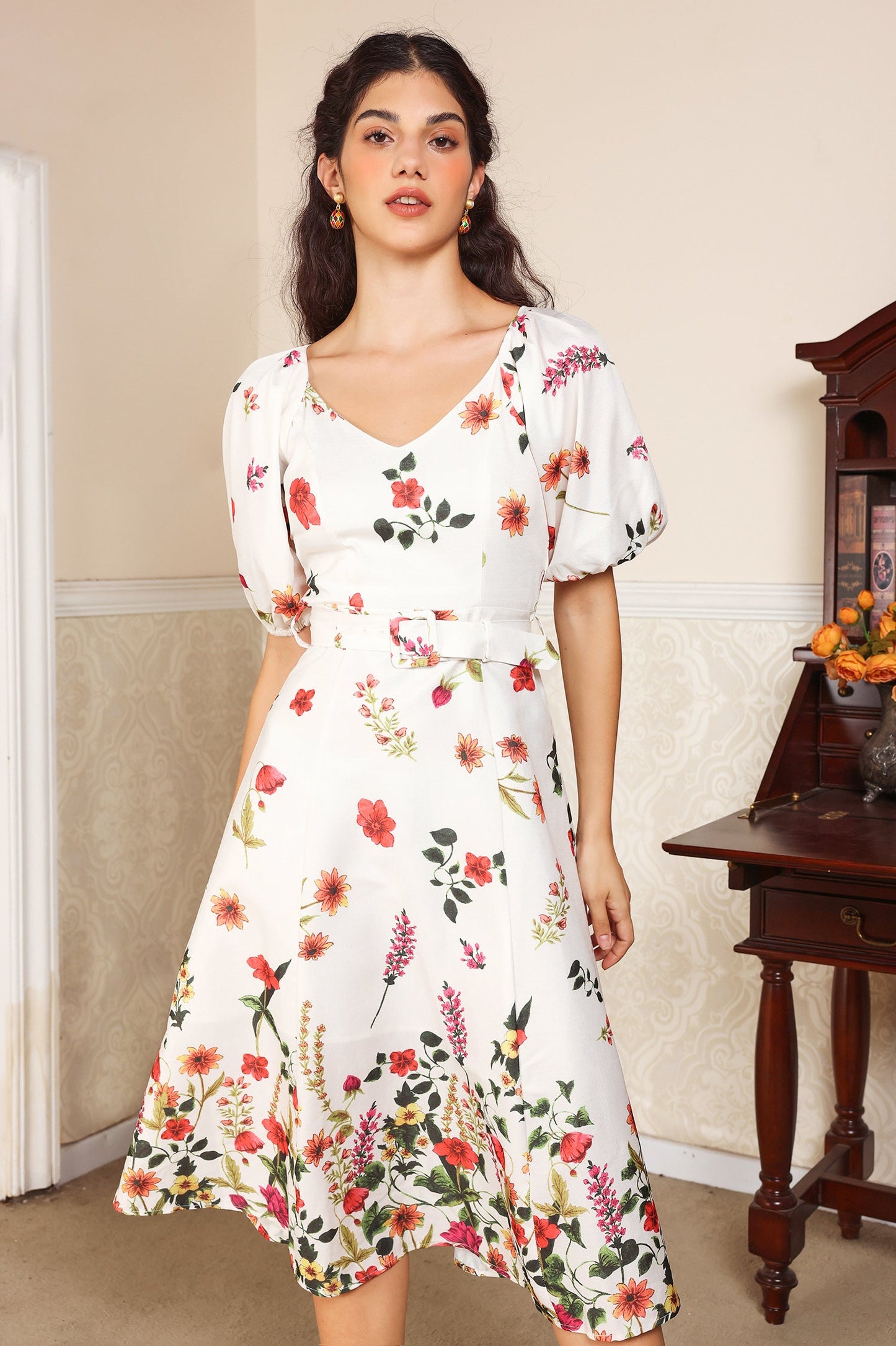 Floral Puff Sleeve V-Neck Belted Midi Dress