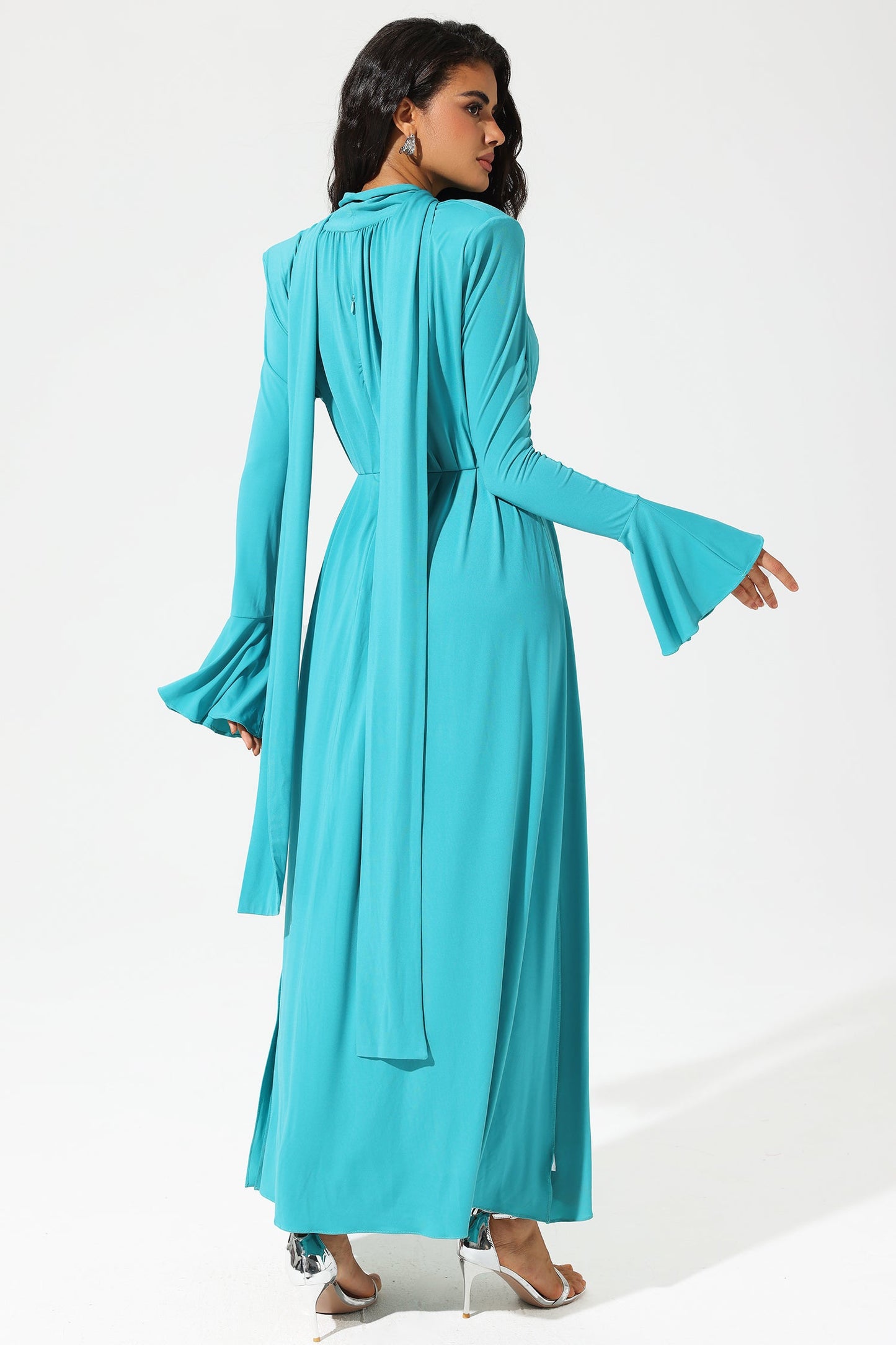 Lantern Sleeve High Collar Flower Split Midi Dress Blue