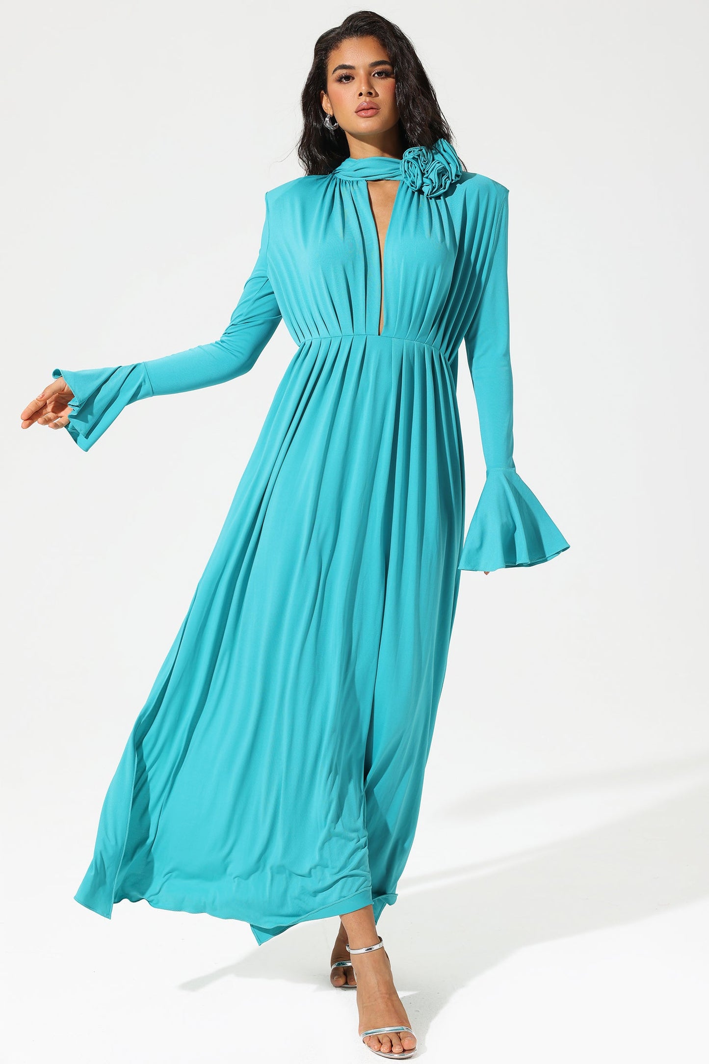 Lantern Sleeve High Collar Flower Split Midi Dress Blue