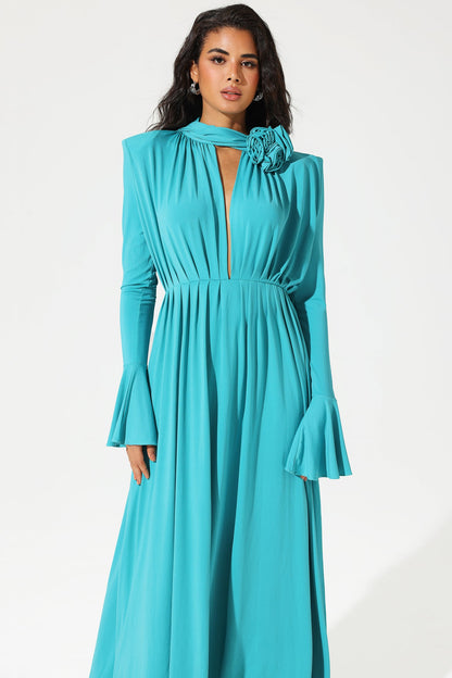 Lantern Sleeve High Collar Flower Split Midi Dress Blue