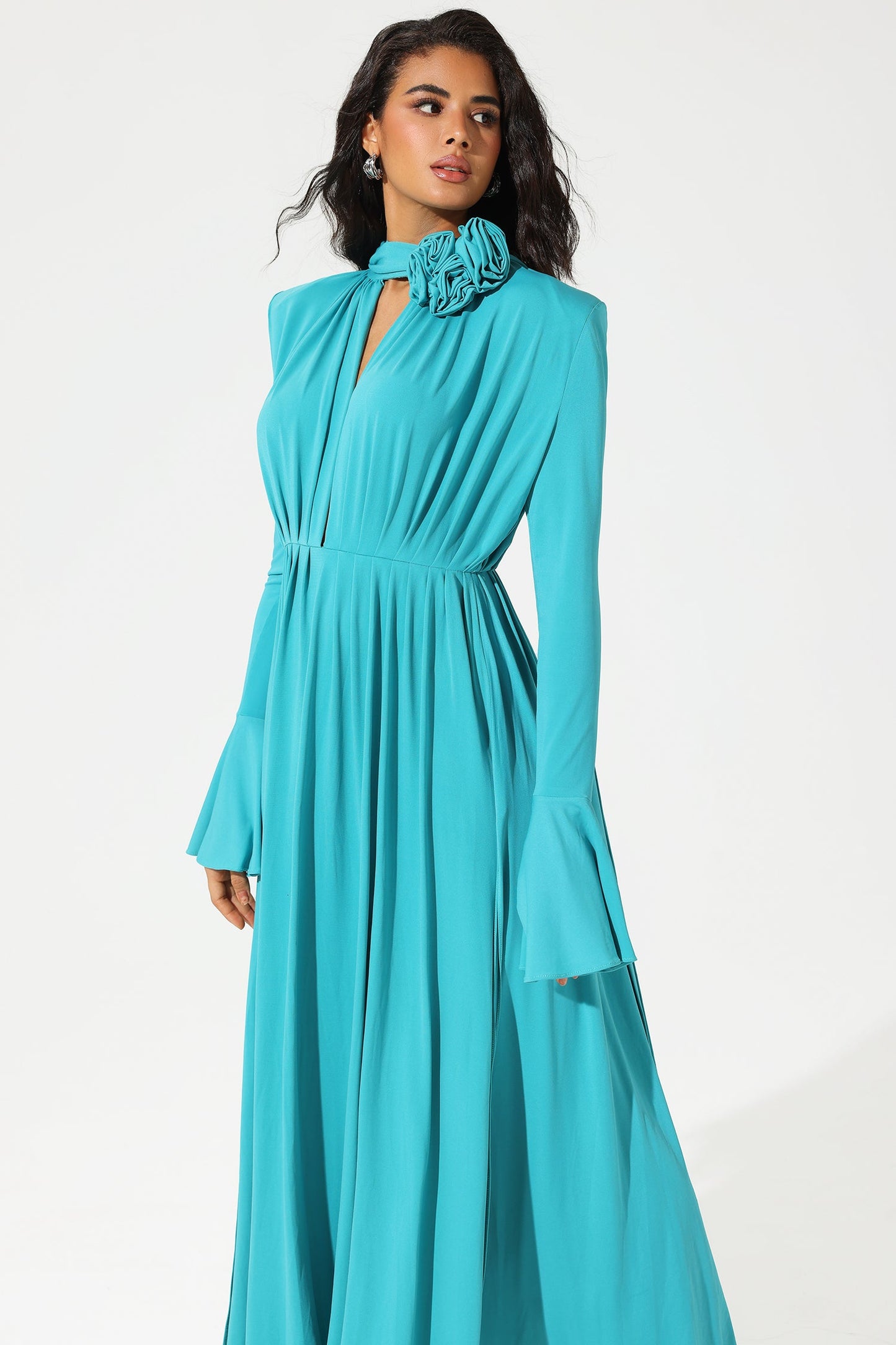 Lantern Sleeve High Collar Flower Split Midi Dress Blue