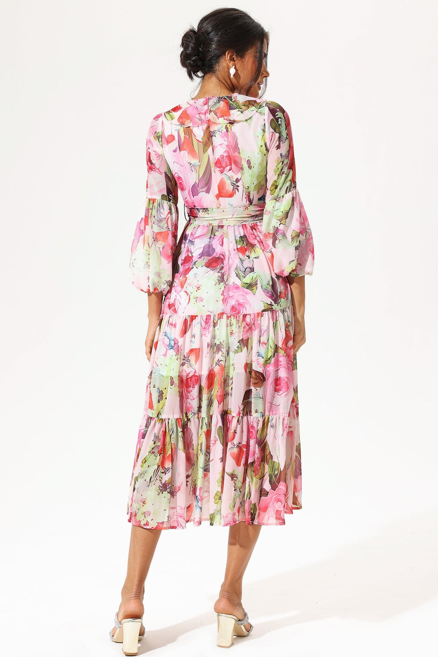 Floral Long Sleeve V-Neck Ruffle Maxi Dress