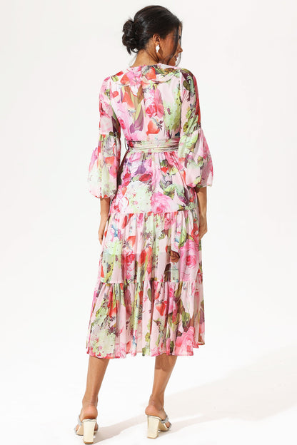 Floral Long Sleeve V-Neck Ruffle Maxi Dress