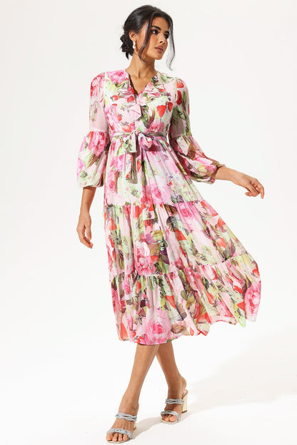 Floral Long Sleeve V-Neck Ruffle Maxi Dress