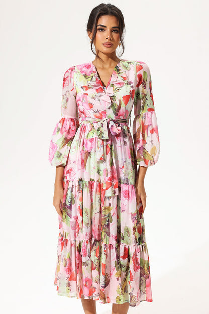 Floral Long Sleeve V-Neck Ruffle Maxi Dress