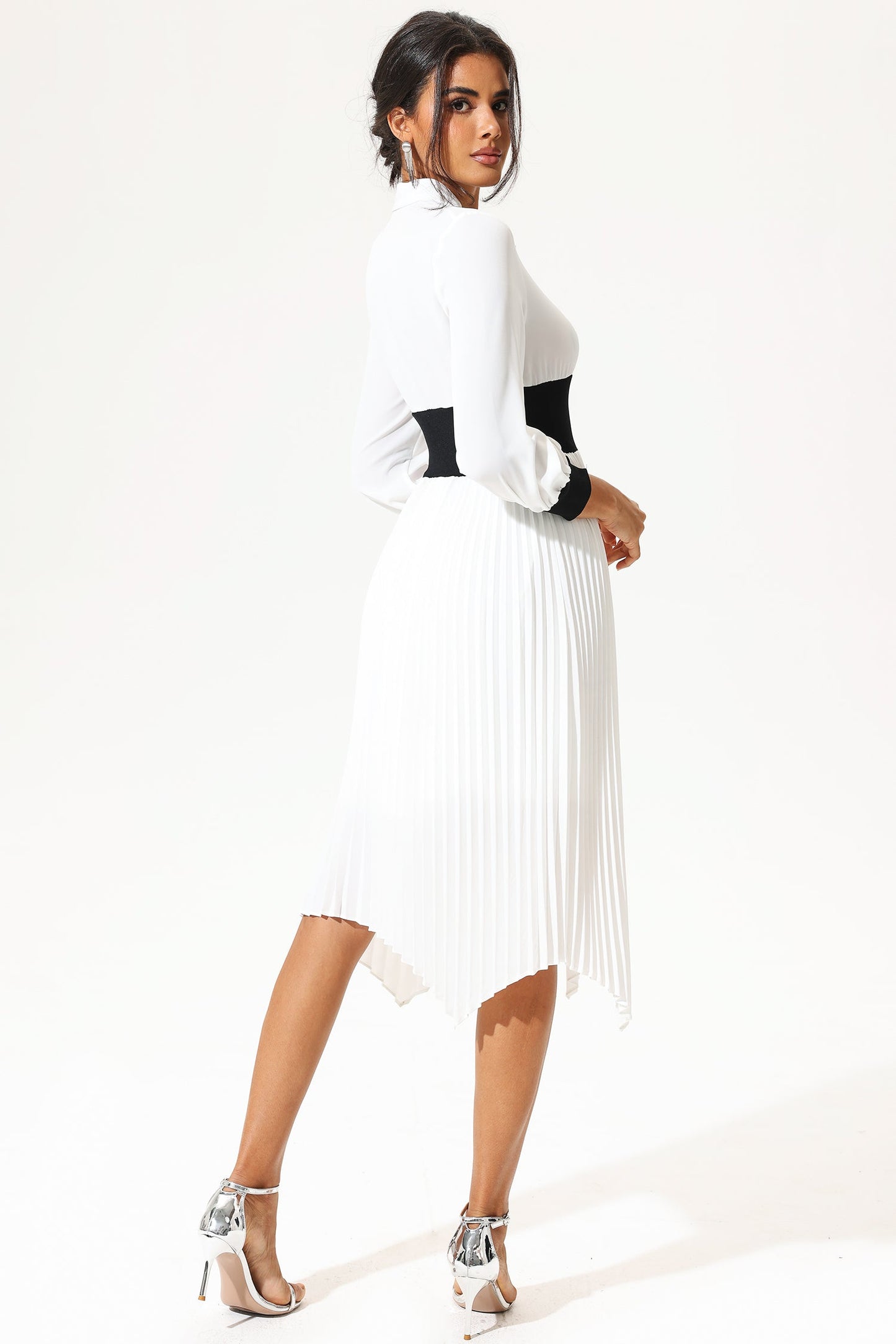 Lantern Sleeve Stand Collar Belted Midi Dress White