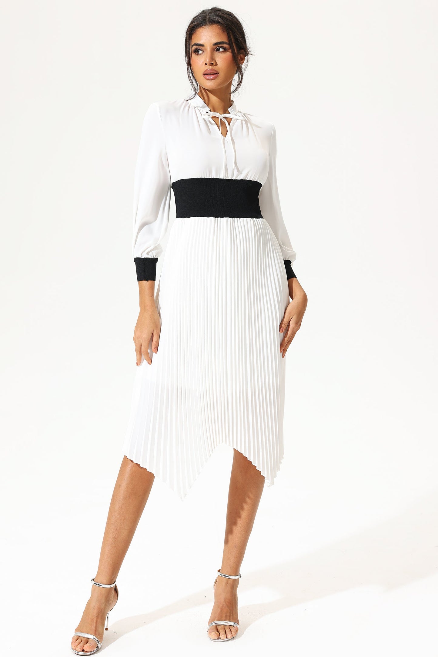 Lantern Sleeve Stand Collar Belted Midi Dress White