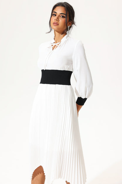 Lantern Sleeve Stand Collar Belted Midi Dress White