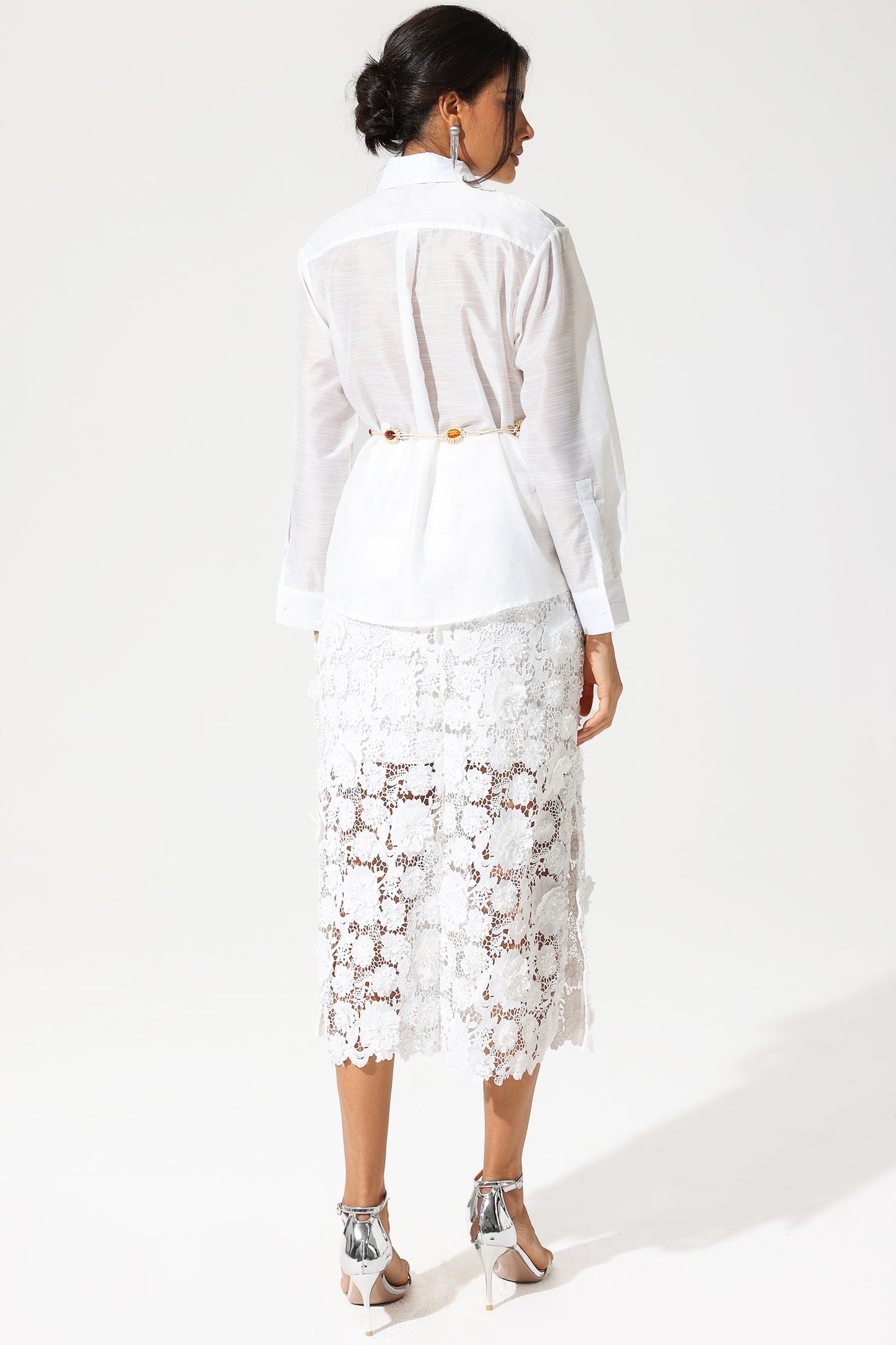 Long Sleeve Lace Cut-Out Slit Dress Suit White