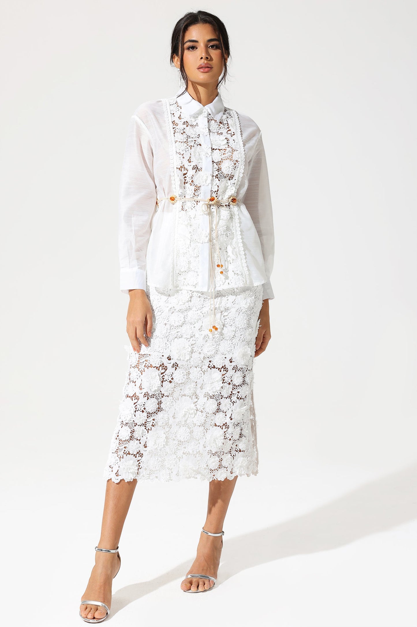 Long Sleeve Lace Cut-Out Slit Dress Suit White